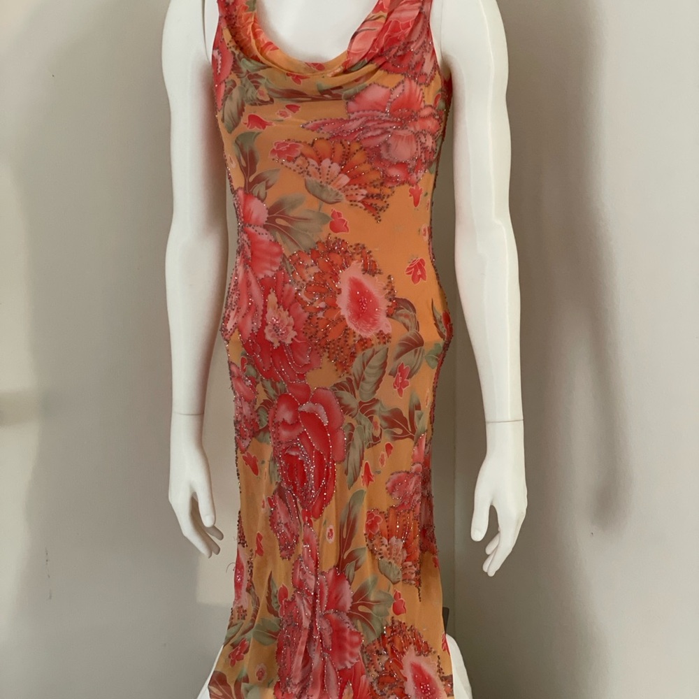 Red and Orange Beaded Cowl Neck Slip Dress